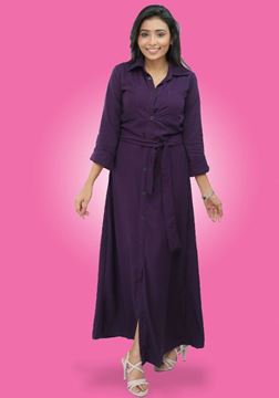 Picture of Long Sleeves Button Embellished Collared Maxi Dress with Belt