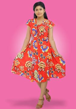 Picture of Floral Designed Flared Short Dress with Short Bell Sleeves
