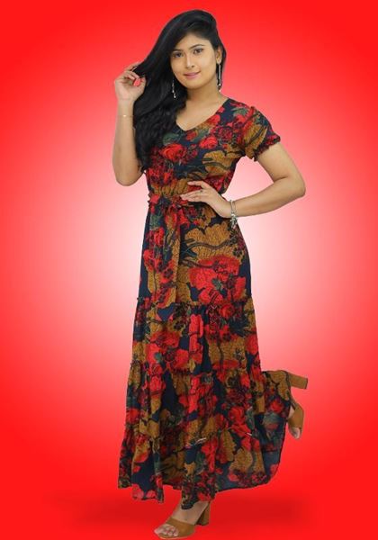 Picture of V-necked Maxi Dress with Frilled Ruffle Skirt