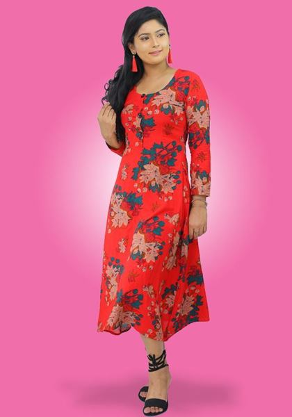 Picture of Round Necked Long Sleeves floral Three Quarter Frock
