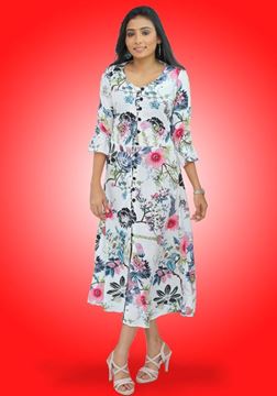 Picture of Round Necked Printed Flower Designed Three Quarter Frock with Puff Sleeves