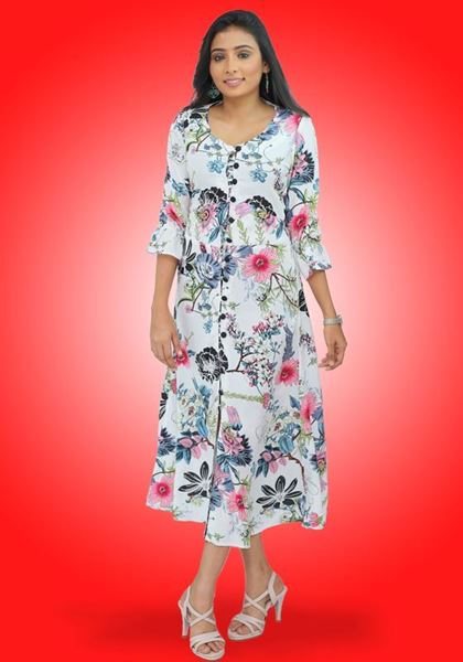Picture of Round Necked Printed Flower Designed Three Quarter Frock with Puff Sleeves