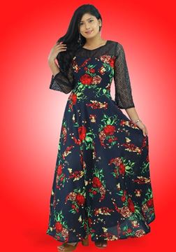 Picture of Long Sleeves Floral Maxi Dress with Black Lace