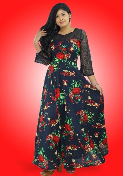 Picture of Long Sleeves Floral Maxi Dress with Black Lace