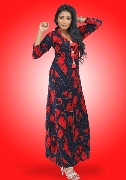Picture of Printed Designed Chinese Collared Maxi Dress with Pockets