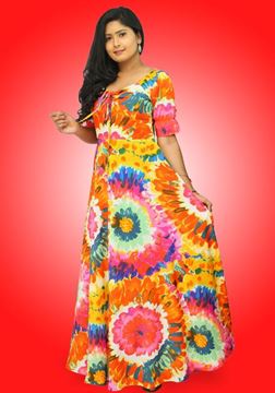 Picture of Printed Designed Front Knotted Full Flared Maxi Dress with Puff Sleeves