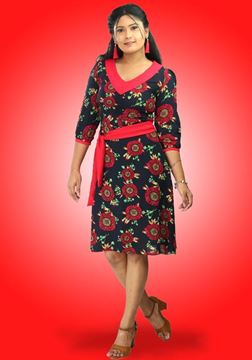 Picture of V-Necked Red & Black Mixed Floral Short Frock with Belt