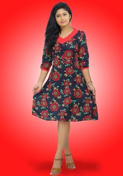 Picture of V-Necked Red & Black Mixed Floral Short Frock