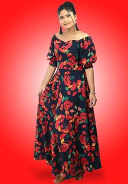 Picture of Off Shoulder Sweet Heart Necked Flared Maxi Dress with Puff Sleeves