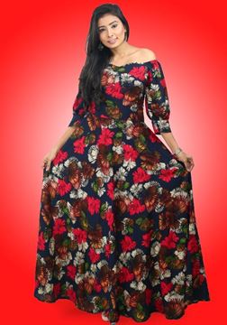 Picture of Off Shoulder Sweet Heart Necked Flared Maxi Dress with Puff Sleeves