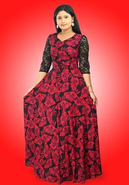 Picture of Red & Black Mixed Flared Maxi Dress with Lace Three Quarter Sleeves