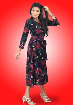 Picture of Collared Long Sleeves Floral Short Dress with Belt
