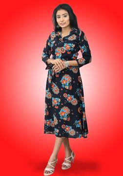Picture of Collared Long Sleeves Floral Short Dress with Belt