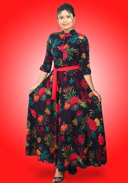 Picture of High Necked Three Quarter Sleeves Maxi Flared Frock with Belt