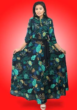 Picture of High Necked Three Quarter Sleeves Maxi Flared Frock with Belt