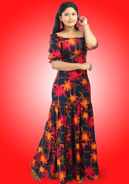 Picture of Off Shoulder Frilled Maxi Dress with Puff Sleeves