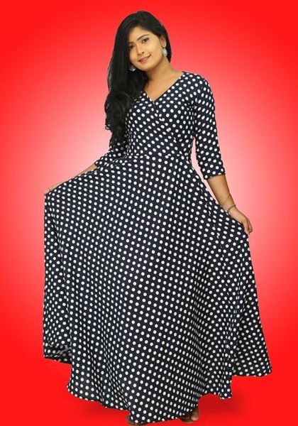 Picture of Polka Designed Cross Over Maxi Dress with Three Quarter Sleeves