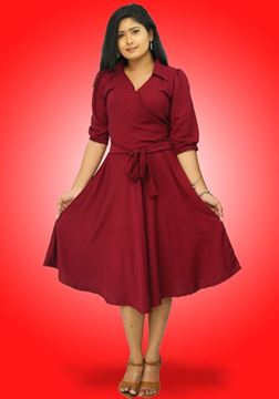Picture of Twill Cross  Over Plain Color Short Dress with Collar