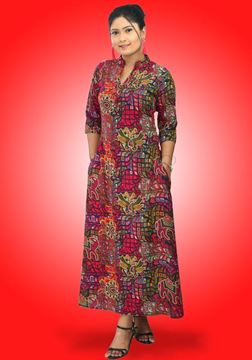 Picture of Chinese Collared Three Quarter Sleeves Printed Designed A-line Maxi Dress