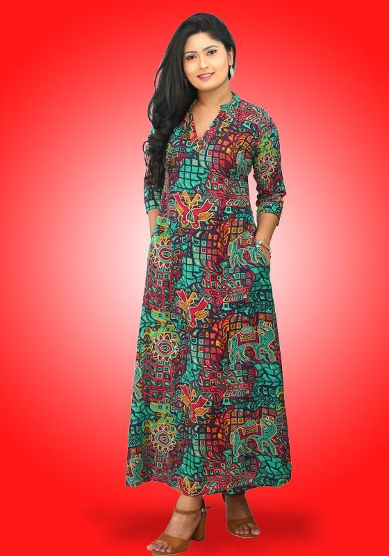 Chinese Collared Three Quarter Sleeves Printed Designed A-line Maxi ...