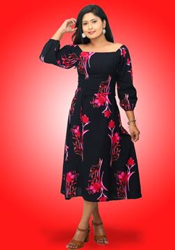 Picture of Off Shoulder Printed Designed Long Puff Sleeves Three Quarter Dress with Belt