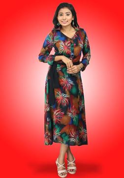 Picture of V-necked Printed Designed Three Quarter Frock with Collar