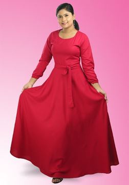 Picture of Round Necked Long Sleeves Flared Maxi Dress with Belt