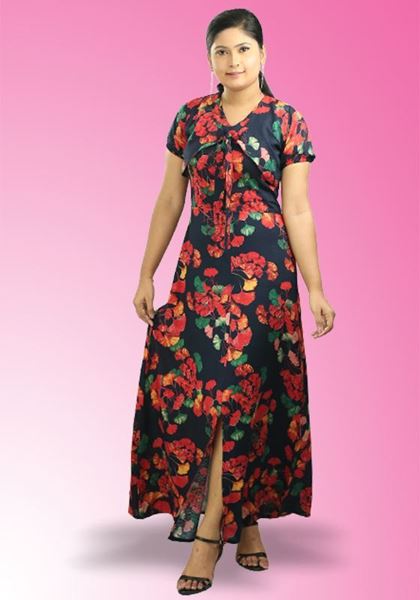 Picture of V-necked Short Sleeves Front Knotted Printed Designed Maxi Dress