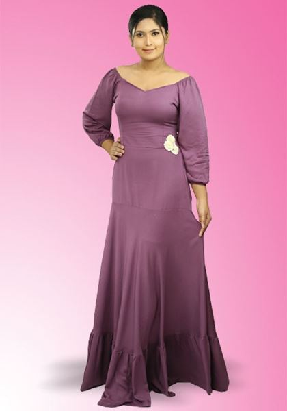 Picture of Off Shoulder Long Puff Sleeves Maxi Dress with Frilled Ruffle Skirt