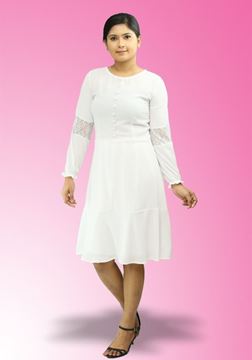 Picture of Round Necked Button Embellished Short Dress With Long Puff  Sleeves