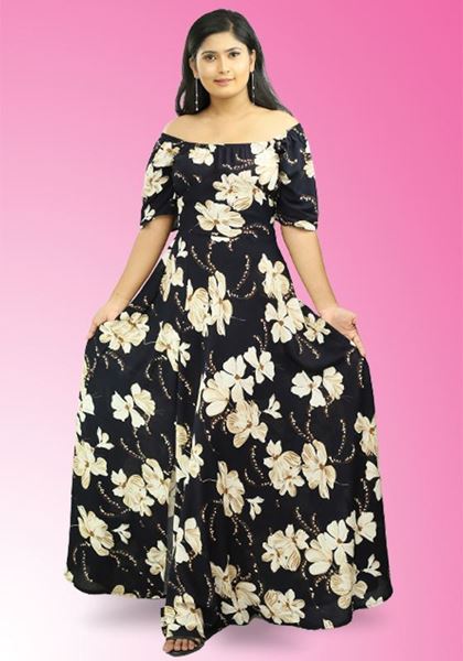 Off Shoulder Floral Designed Flared Maxi Dress with Side Open-SunMart Lanka