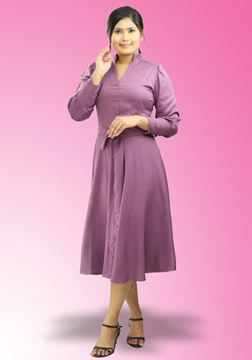 Picture of Plain Long Puff Sleeves Short Dress with Belted Buckle