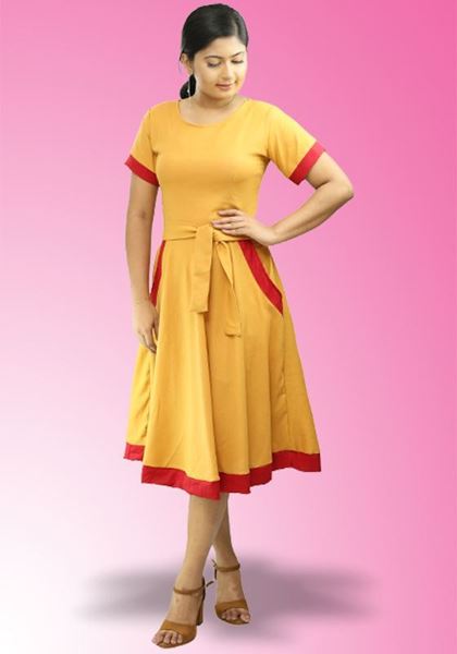 Picture of Two Color Linen Frock with Pockets