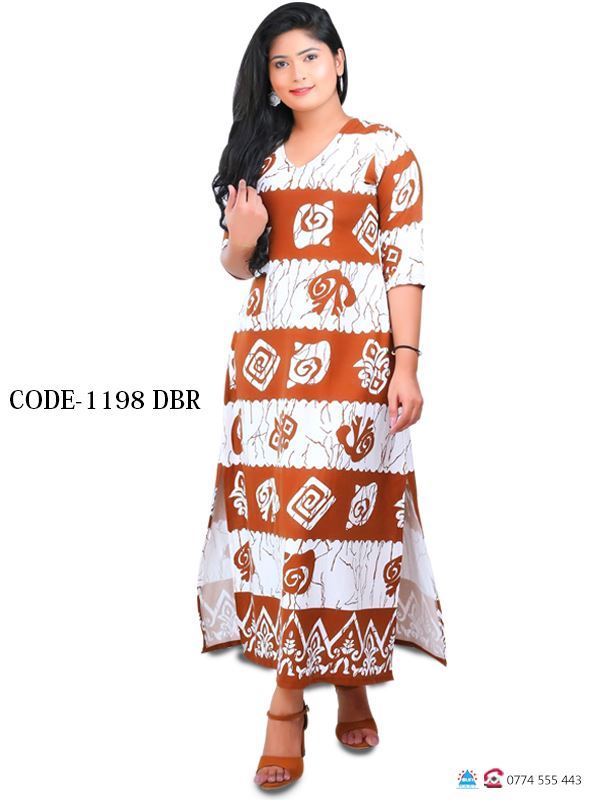 Round Necked Three Quarter Sleeves Long Frock-SunMart Lanka