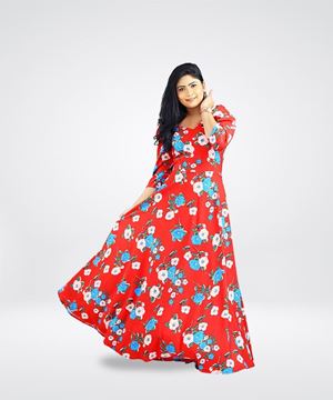 Picture of Floral Designed Flared Maxi Dress with Three quarter Sleeves