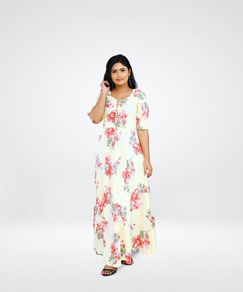 Picture of Printed Designed Front Knotted Flared Maxi Dress with Puff Sleeves