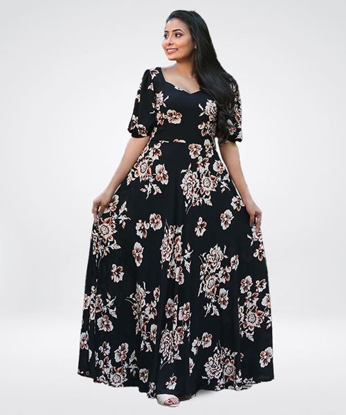 Picture of Floral Designed Flared Maxi Dress with puff Sleeves