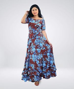 Picture of Floral Designed Flared Maxi Dress with Three quarter Sleeves