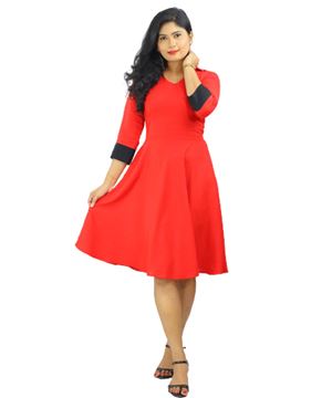 Picture of Three-quarter Sleeves V-necked red color Short Dress