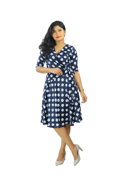 Picture of Three-quarter Sleeves Side Knot Wrap Around Dress