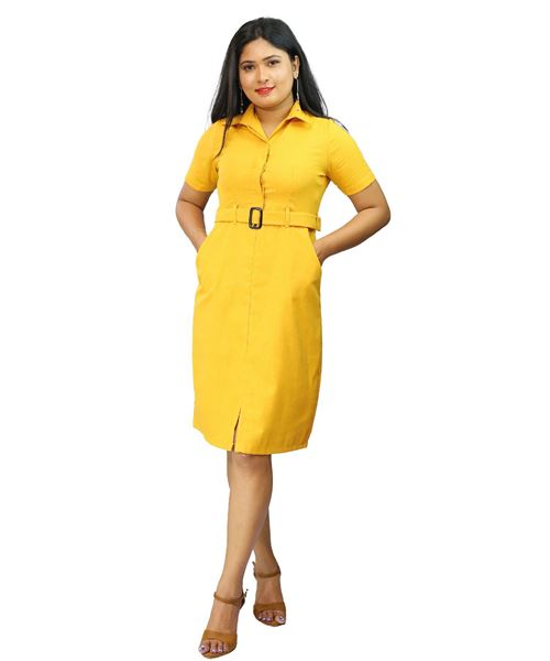 Picture of Short Sleeves Collared Short Dress With Belt