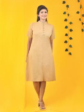 Picture of Three Quarter Sleeves Front open Linen Short Dress